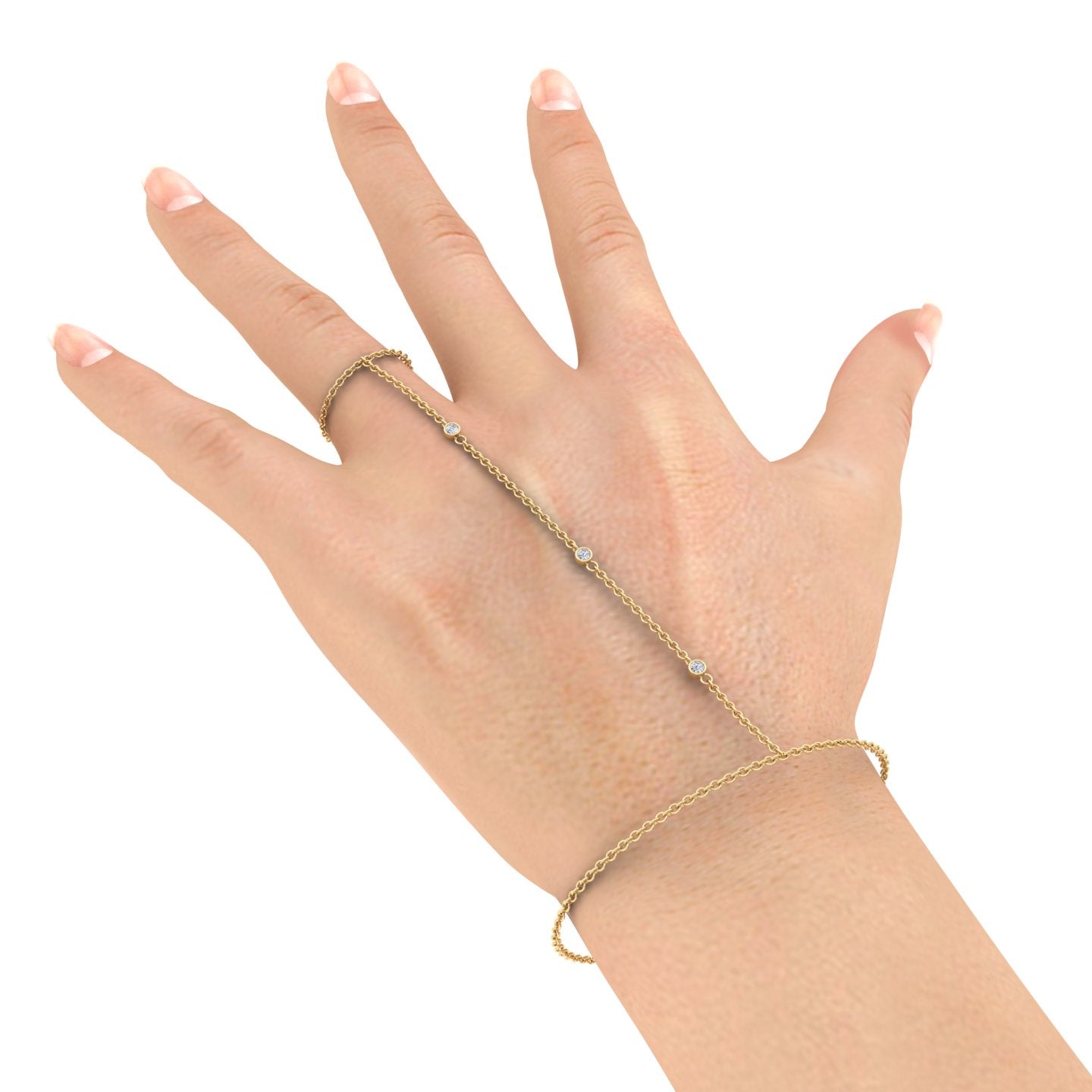 Bezel Set Round Shape Natural Diamond Hand Ring Chain Yellow 