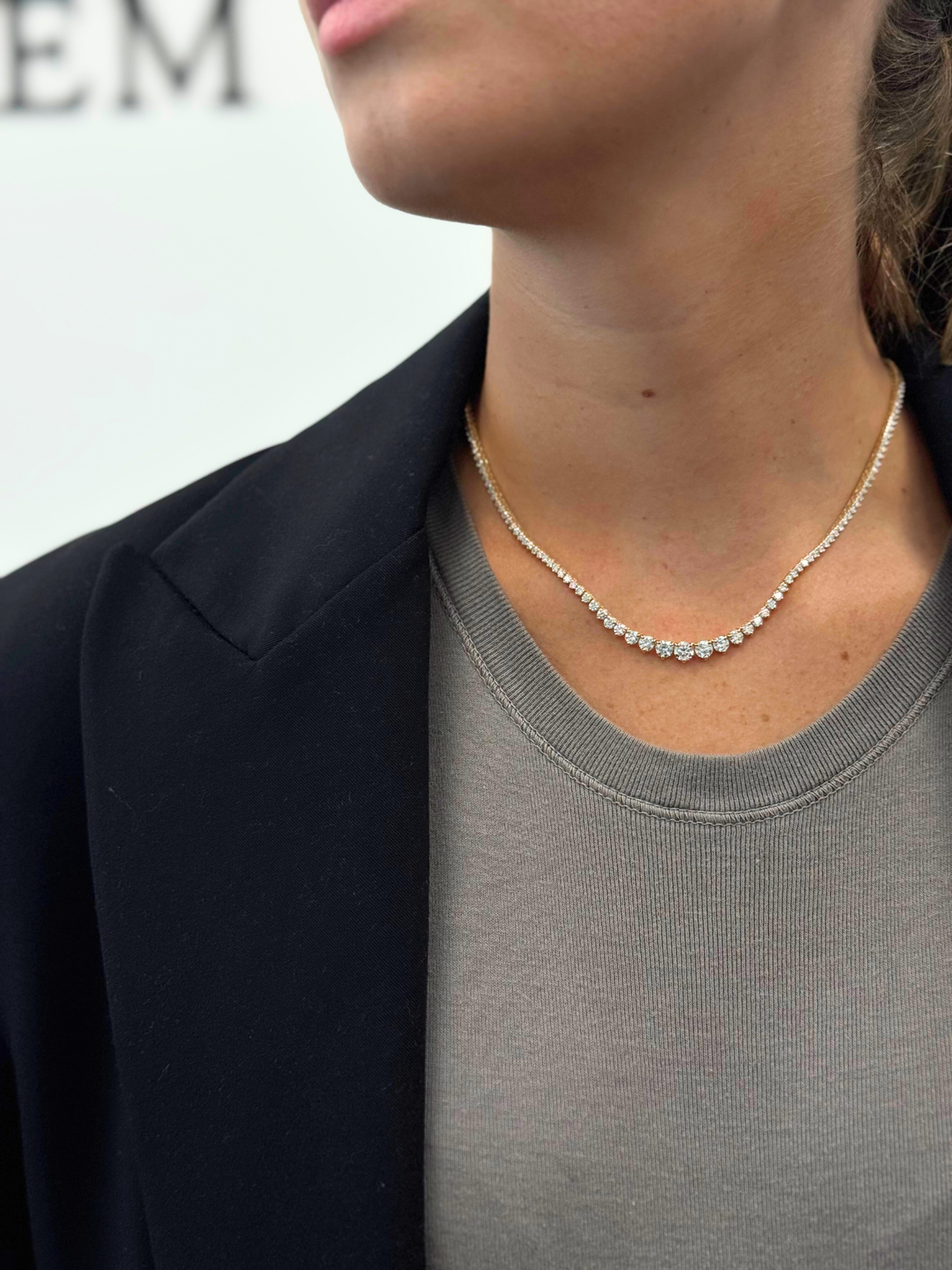 3-Prong Riviera Graduated Natural Diamond Tennis Necklace 18K Solid Gold