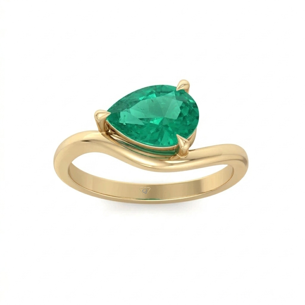 Natural Green Emerald Pear Shape Pinky Ring Yellow Gold 14K 18K
