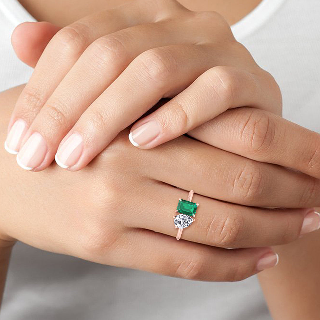 Demi - Toi et Moi Green Emerald & Pear Cut Diamond Engagement Ring