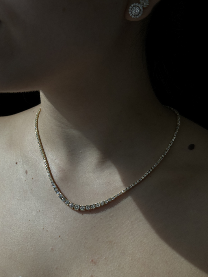 4 Prong Graduated Natural Diamond Tennis Necklace 14K Solid Gold