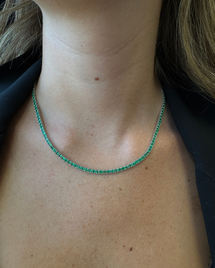 Natural Green Emerald Tennis Necklace 18K Solid Gold
