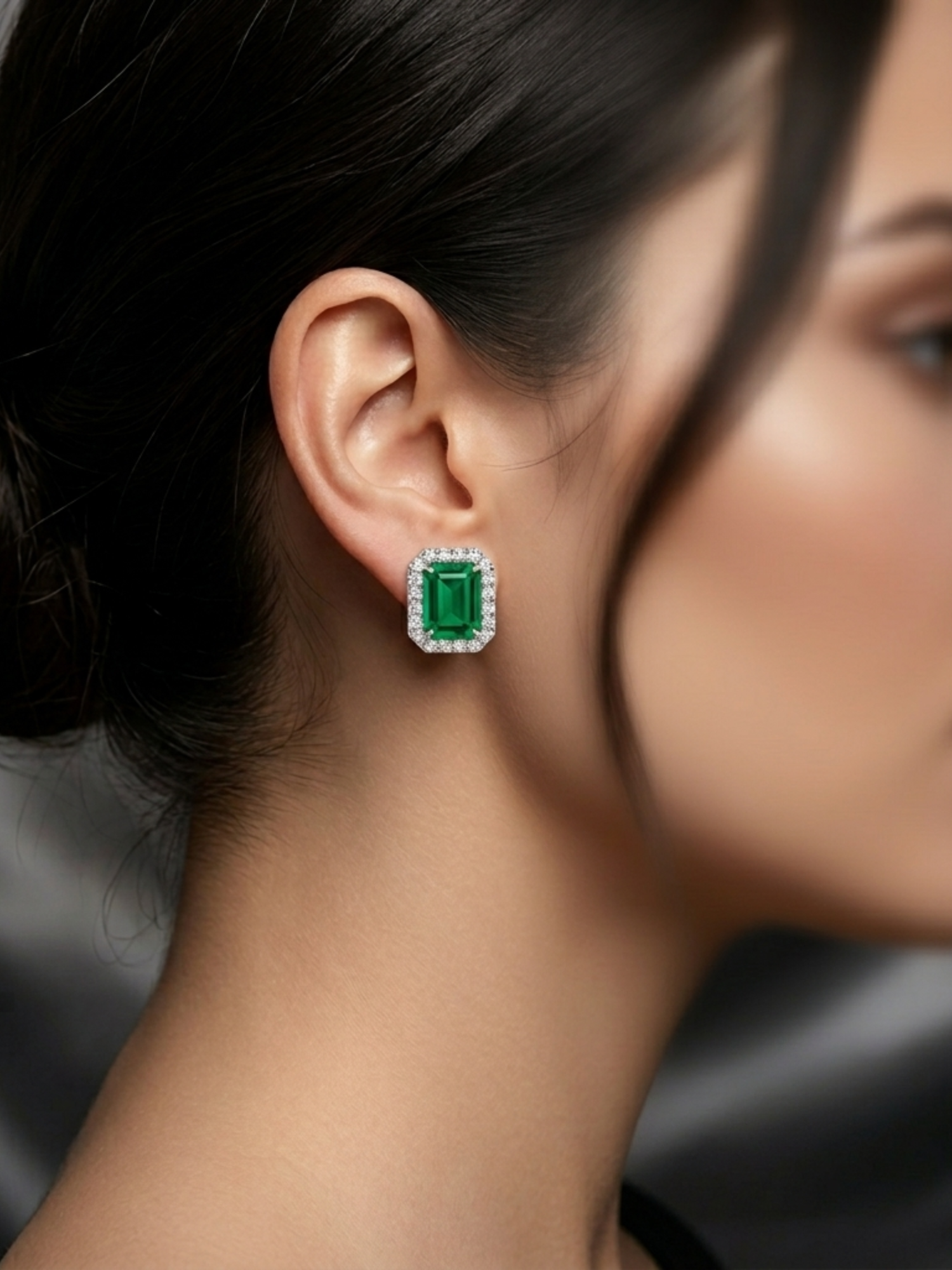 Emerald Cut Green Emerald Diamond Halo Earrings