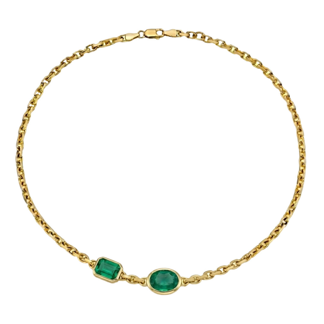 Natural Green Emerald Oval and Emerald Shape Chain Necklace Yellow Gold
