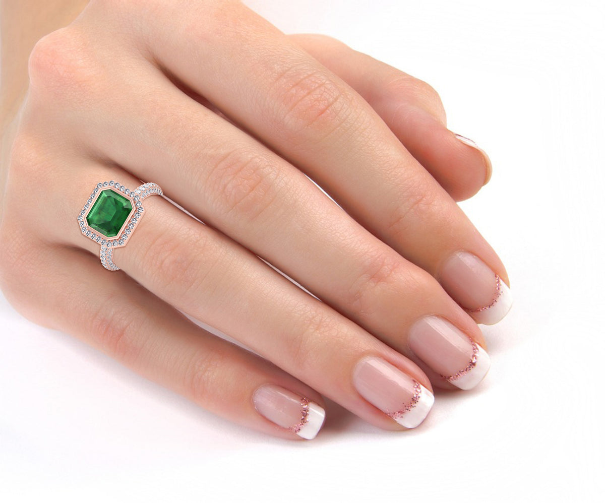 Natural Green Emerald Halo Engagement Ring With Pave Band RG lifestyle