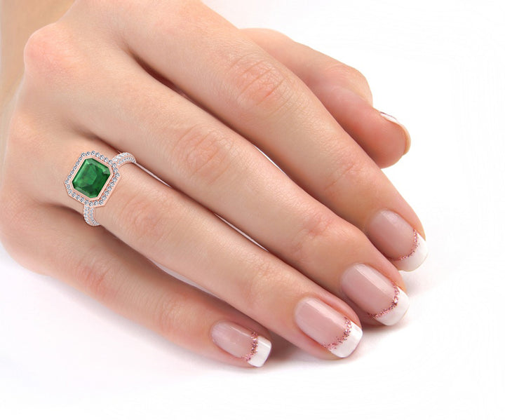 Natural Green Emerald Halo Engagement Ring With Pave Band RG lifestyle