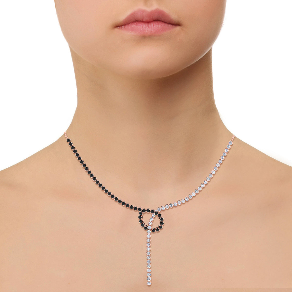 Black and White Natural Diamond Lariat Necklace Rose