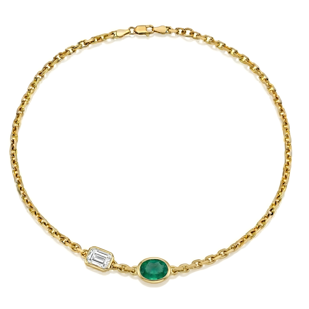Natural Green Emerald and Diamond Chain Necklace Yellow Gold 14K