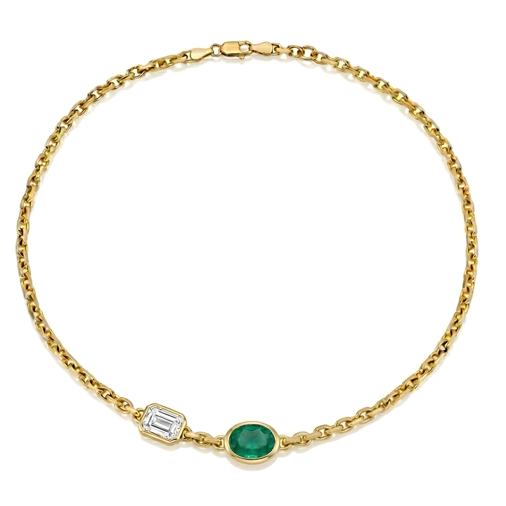 Natural Green Emerald and Diamond Chain Necklace Yellow Gold 14K
