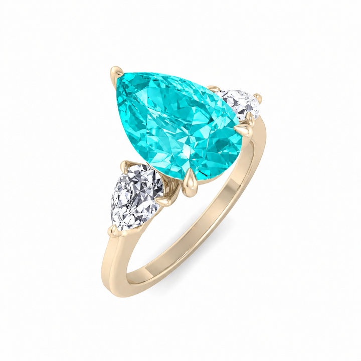 Pear Shape Natural Paraiba Tourmaline Ring with Pear Sidestones Gold