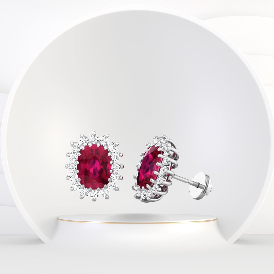 Flamme - Oval Cut Ruby and Diamond Halo Flower Style Earrings - Gem Jewelers Co