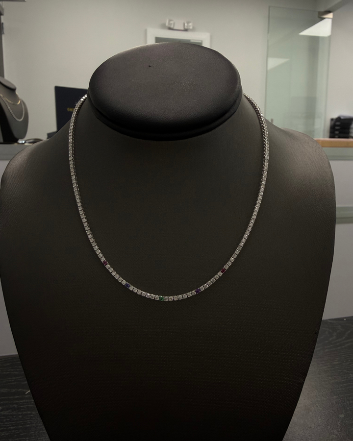 Custom Birthstone Diamond Tennis Necklace Natural Diamond Tennis Necklace 14K Solid Gold