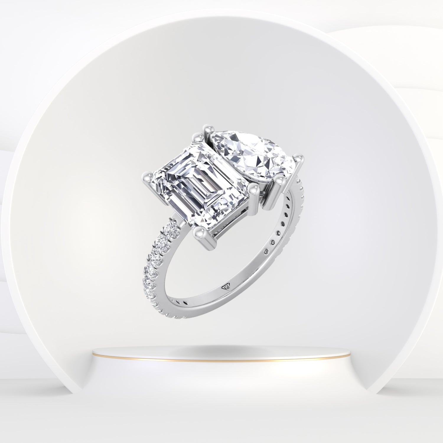 Evie - Emerald & Pear Shape Diamond Engagement Ring With Pave Band - Gem Jewelers Co