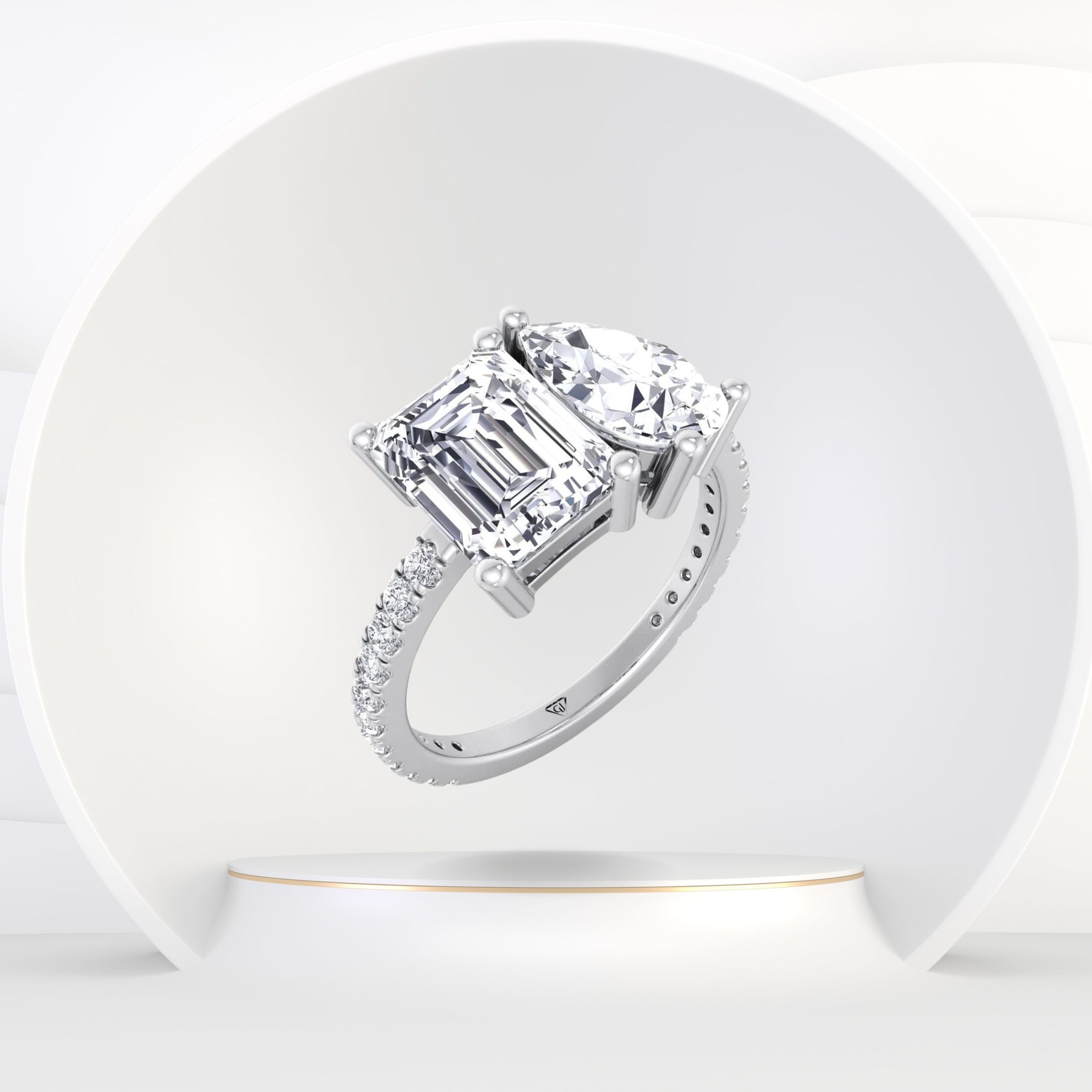 Evie - Emerald & Pear Shape Diamond Engagement Ring With Pave Band - Gem Jewelers Co