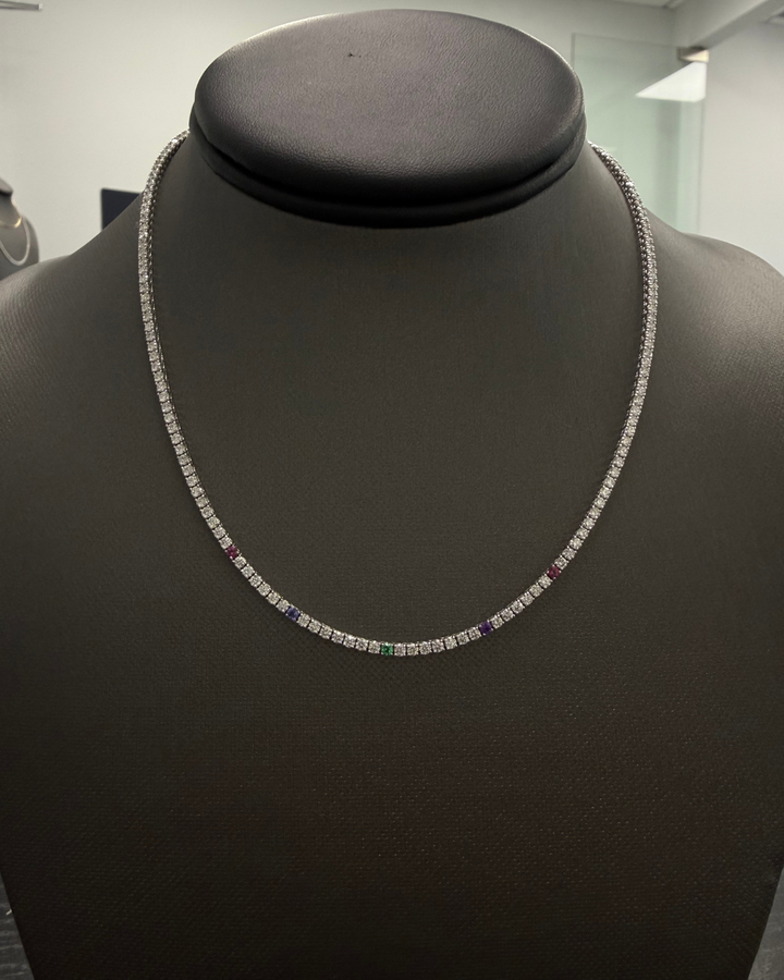 Custom Birthstone Diamond Tennis Necklace Natural Diamond Tennis Necklace 14K Solid Gold