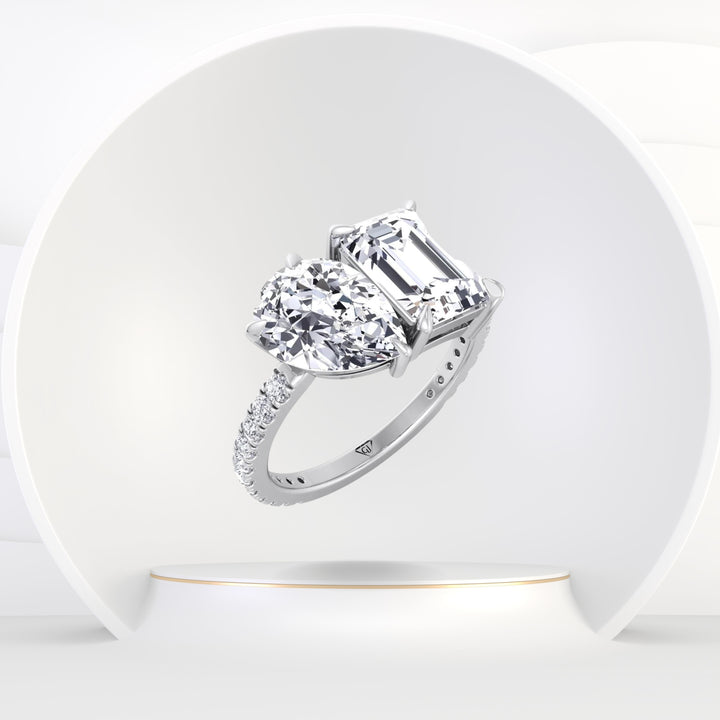 Lyra- Toi et Moi Pear & Emerald Cut Diamond Engagement Ring with Sidestones