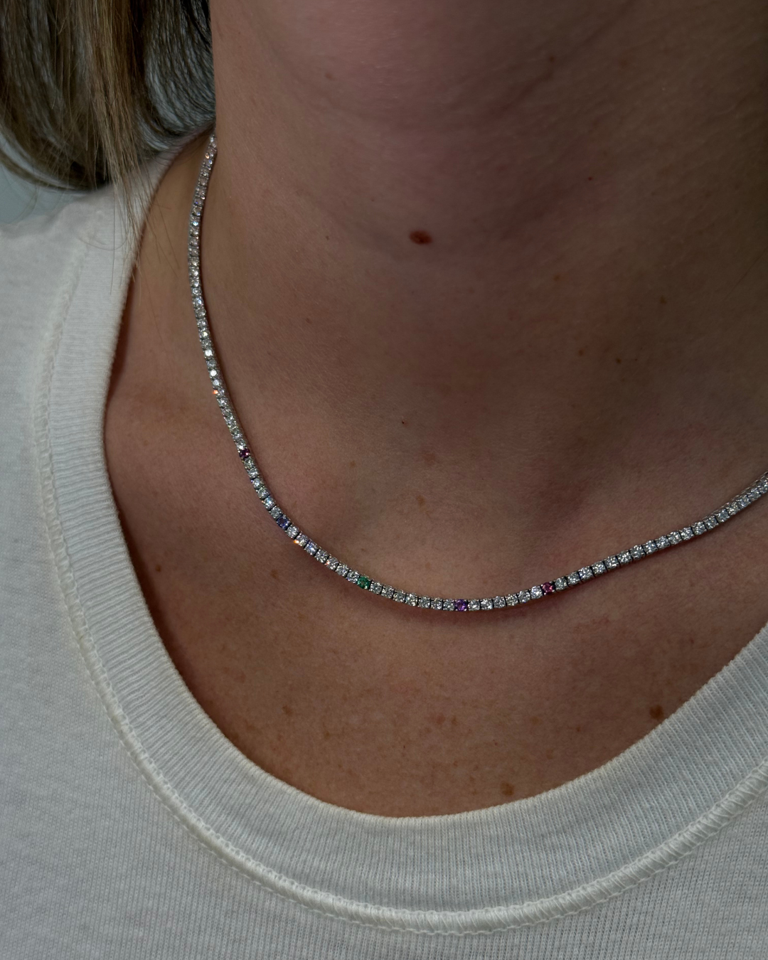 Custom Birthstone Diamond Tennis Necklace Natural Diamond Tennis Necklace 14K Solid Gold