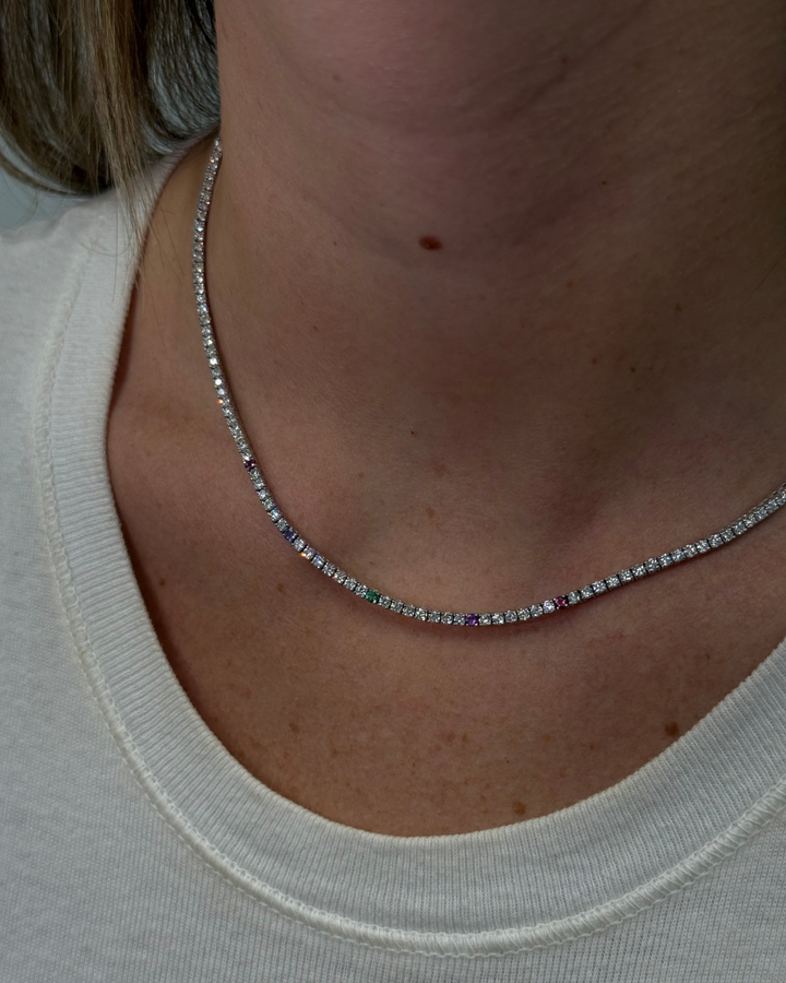 Custom Birthstone Diamond Tennis Necklace Natural Diamond Tennis Necklace 14K Solid Gold