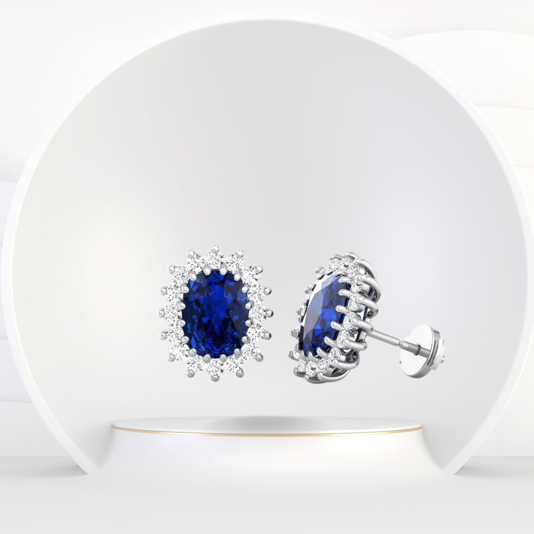 Cielo - Oval Cut Sapphire and Diamond Halo Flower Style Earrings