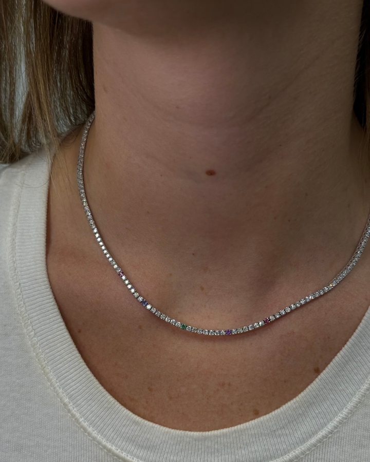 Custom Birthstone Diamond Tennis Necklace Natural Diamond Tennis Necklace 14K Solid Gold