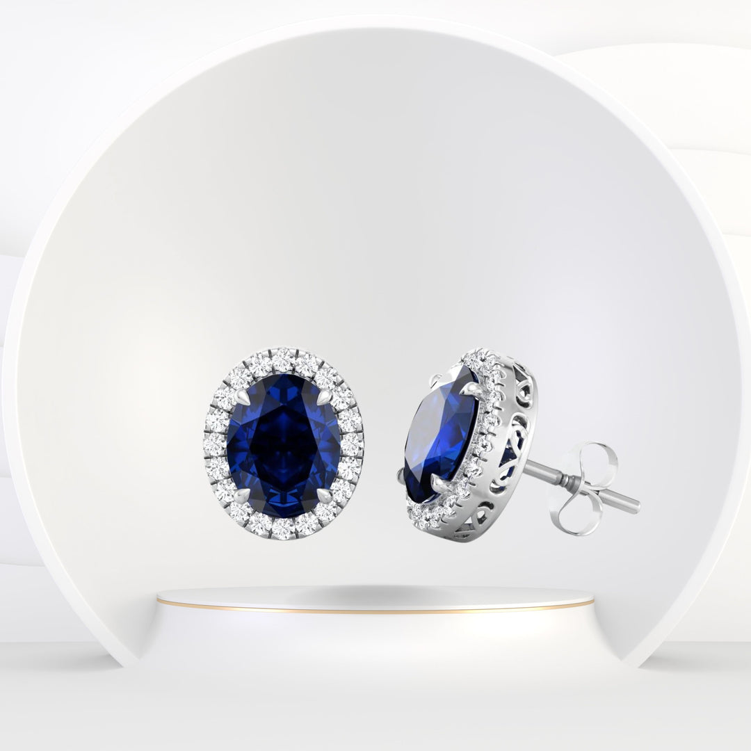 Acqua - Oval Cut Sapphire and Diamond Halo Earrings - Gem Jewelers Co