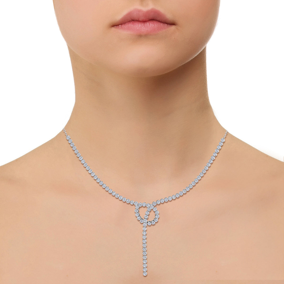 Crown Prong Knot Style Diamond Lariat Necklace White