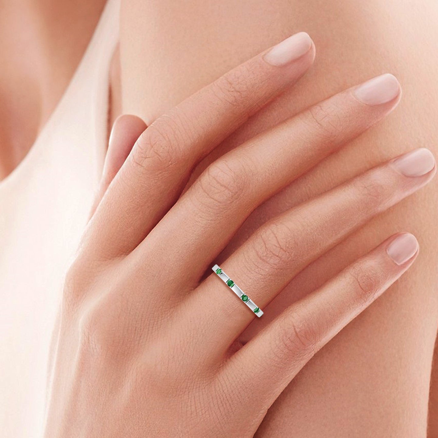 Natural Green Emerald Promise Band-0.65CT-Platinum
