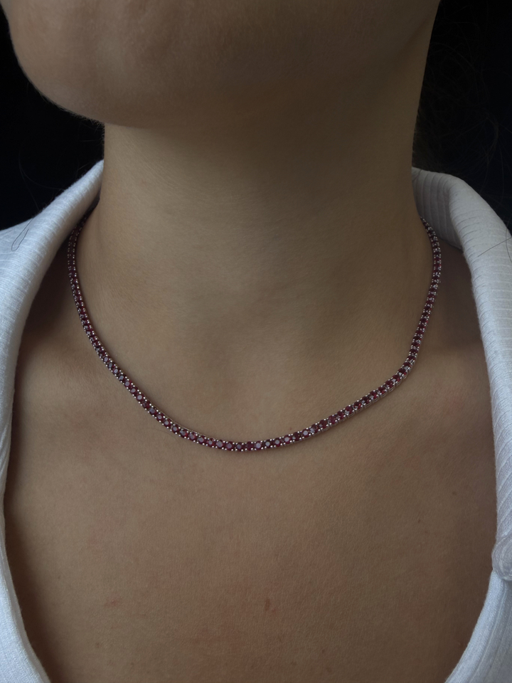 Round Cut Natural Red Ruby Tennis Necklace 18K Solid Gold