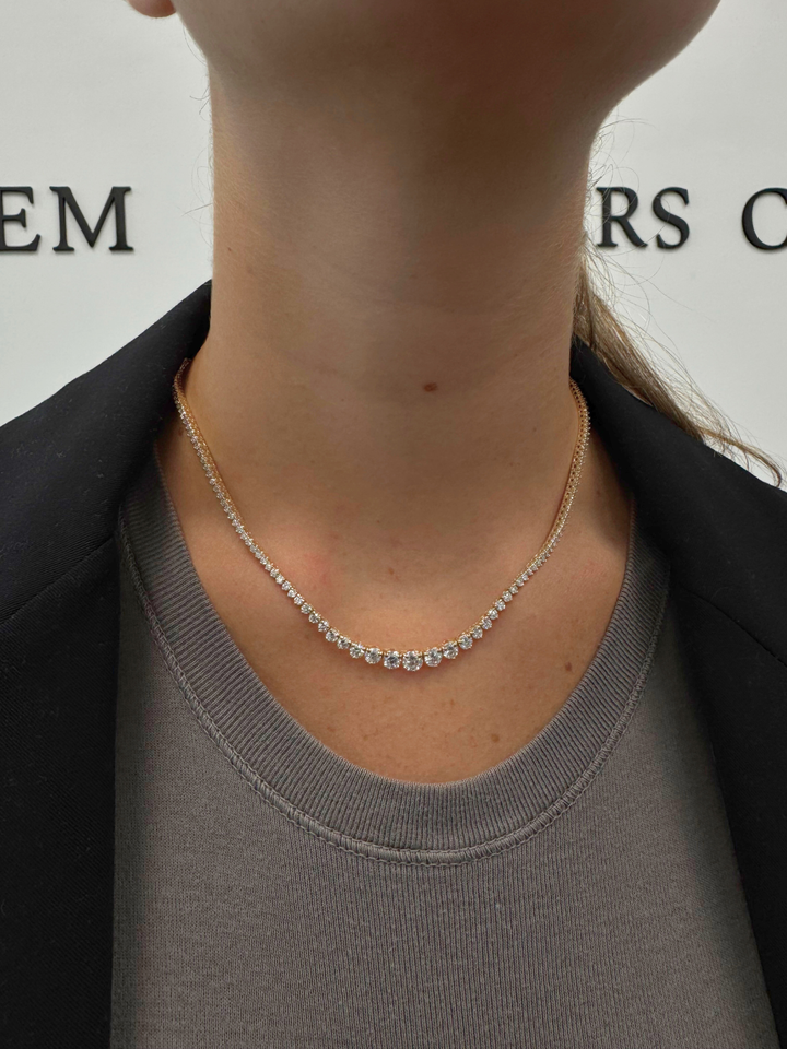 3-Prong Riviera Graduated Natural Diamond Tennis Necklace 14K Solid Gold