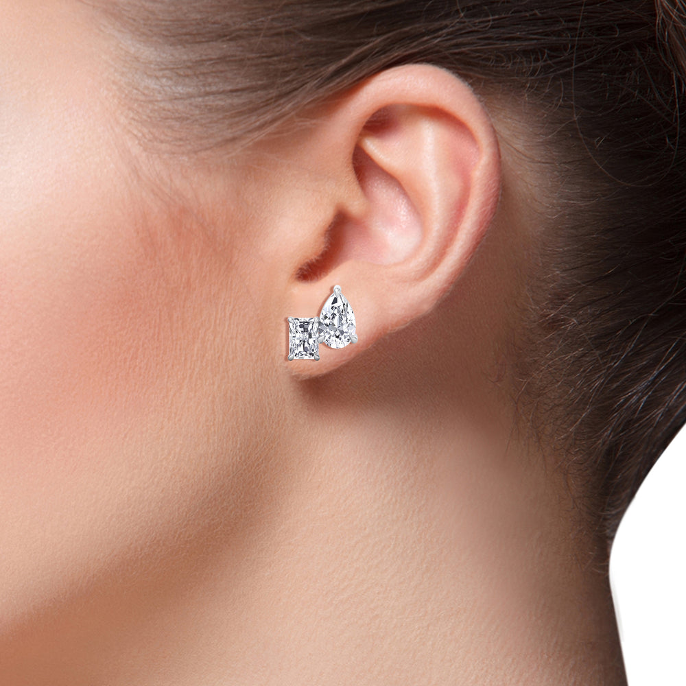 Radiant and Pear Shape Toi Et Moi Natural Diamond Studs-14K-18K-0.5CT-1CT-2CT- White Gold