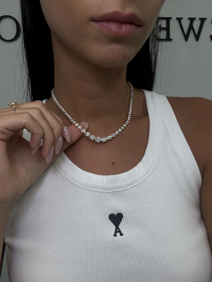 Bezel Set Graduated Natural Diamond Tennis Necklace 14K Solid Gold