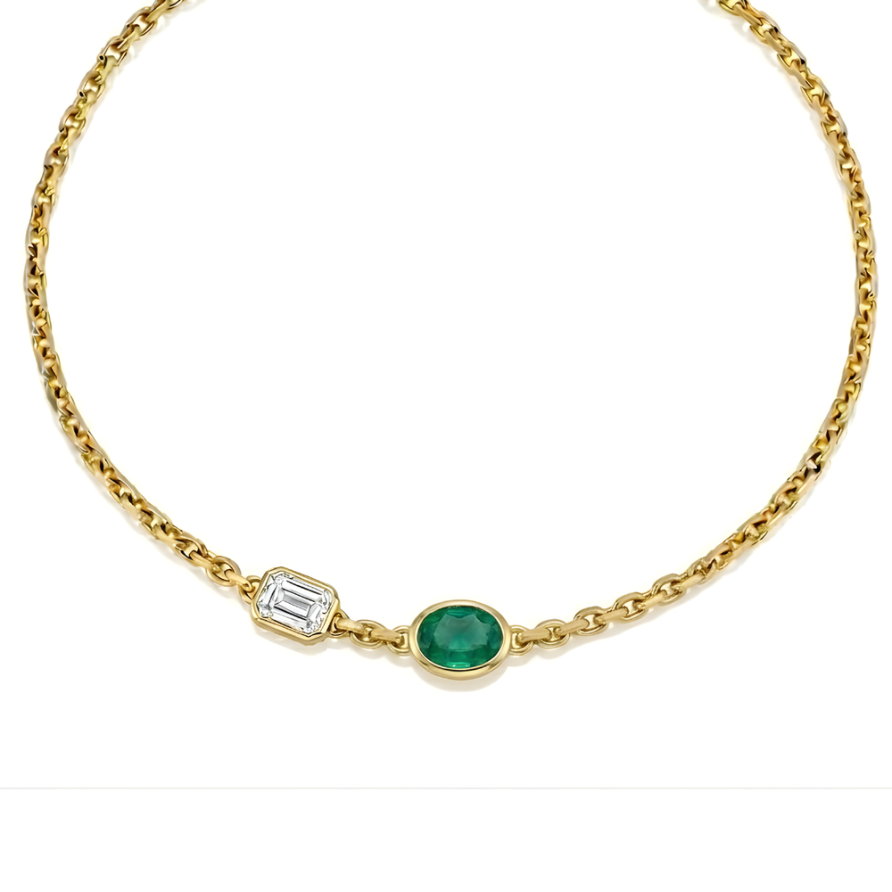 Natural Green Emerald and Diamond Chain Necklace Yellow Gold