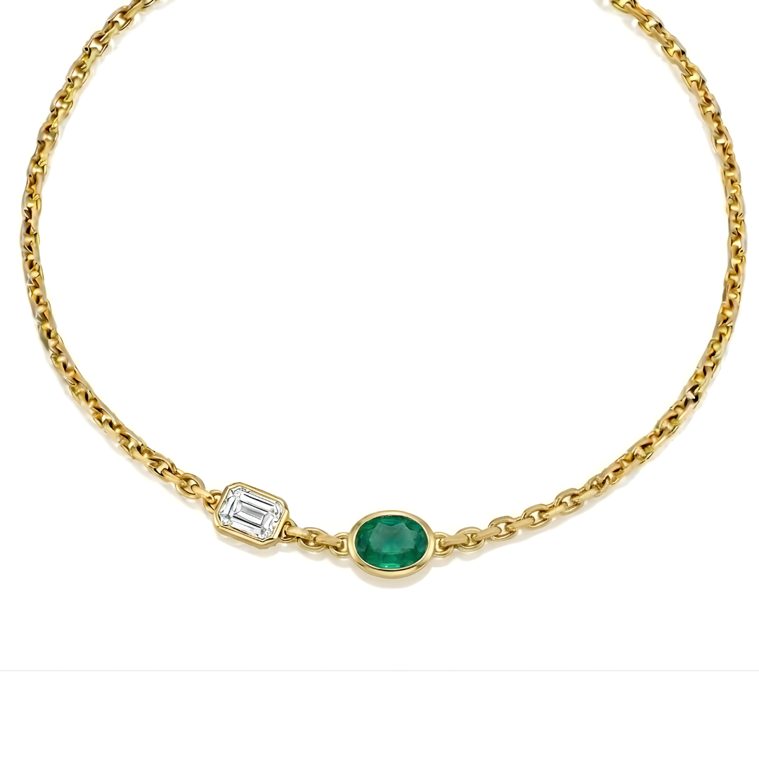 Natural Green Emerald and Diamond Chain Necklace Yellow Gold
