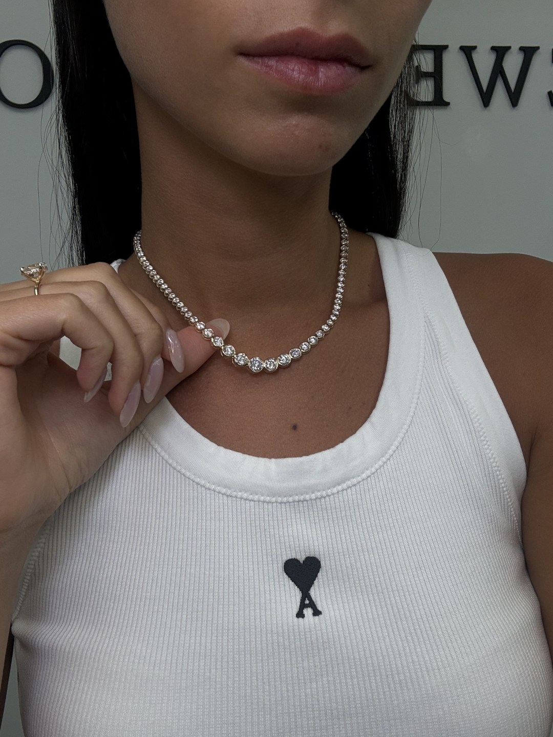 Bezel Set Graduated Natural Diamond Tennis Necklace 18K Solid Gold