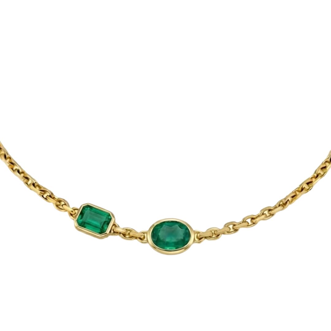 Natural Green Emerald Oval and Emerald Shape Chain Necklace 14K
