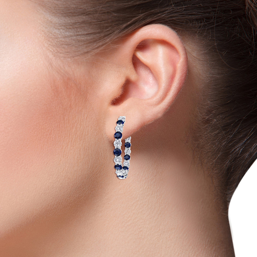 Alternating Natural Blue Sapphire and Diamond Inside Out Hoop Earrings White