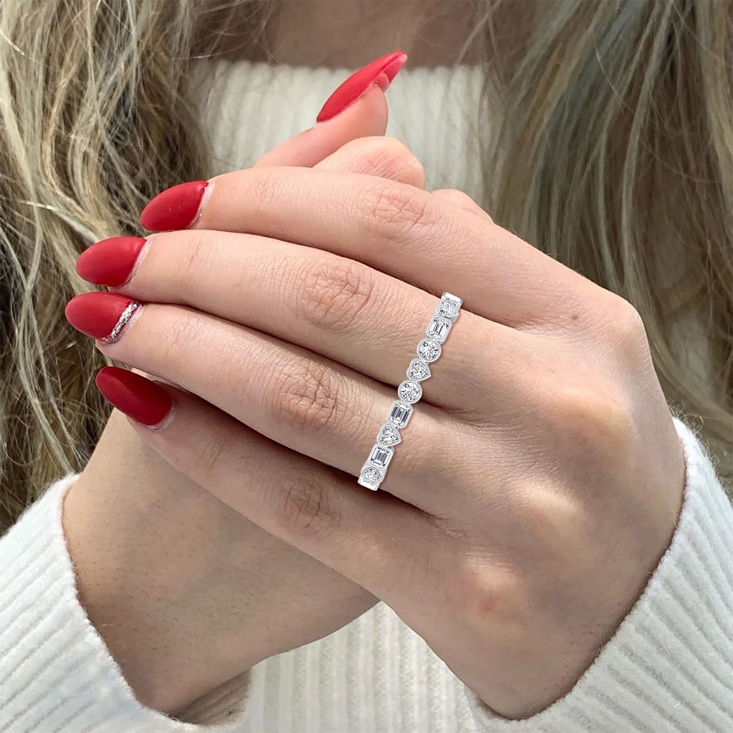 Fancy Bezel Multi Shape Natural Diamond Two Finger Ring White Gold