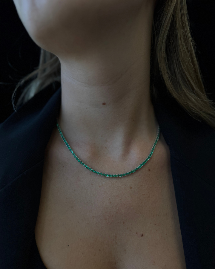 Natural Green Emerald Tennis Necklace 18K Solid Gold