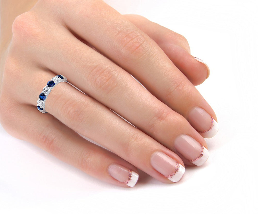 Round Alternating Natural Blue Sapphire and Diamonds Eternity Band  White