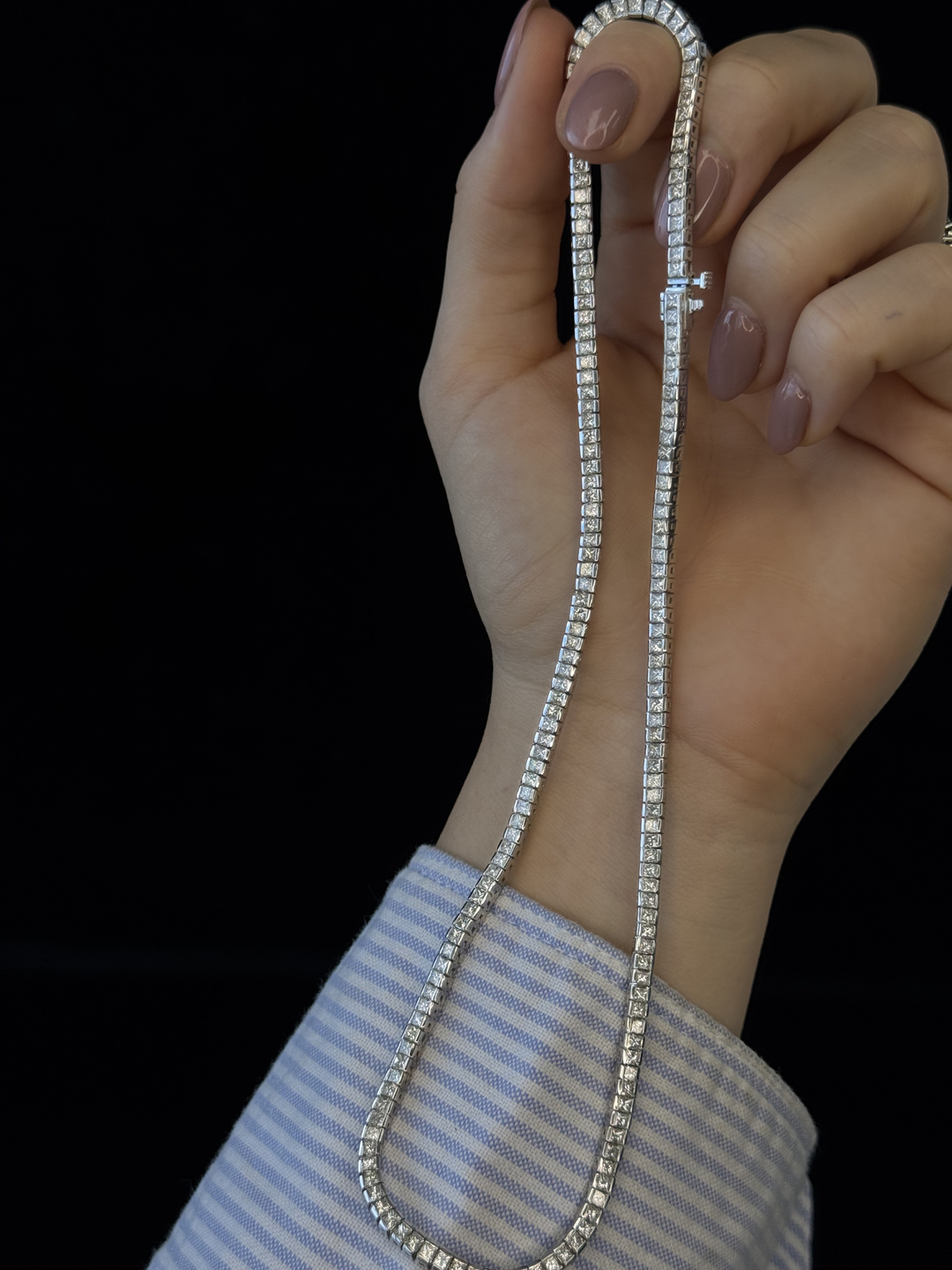 Princess Cut Natural Diamond Tennis Necklace 18K Solid Gold