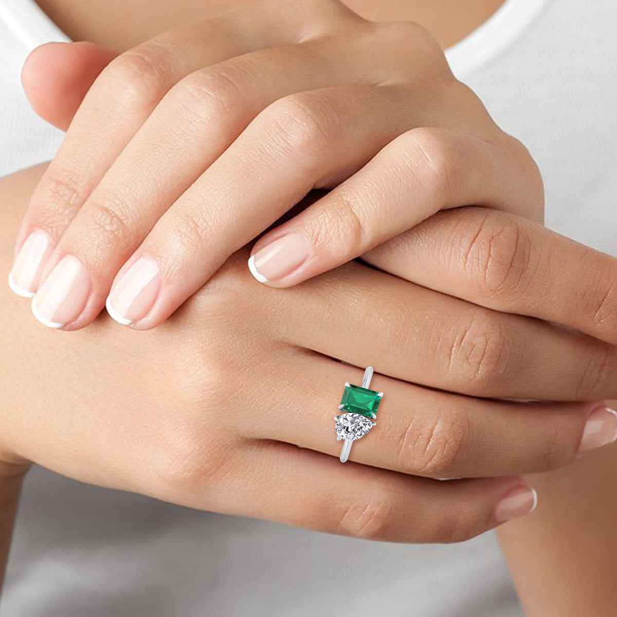 Demi - Toi et Moi Green Emerald & Pear Cut Diamond Engagement Ring - Gem Jewelers Co