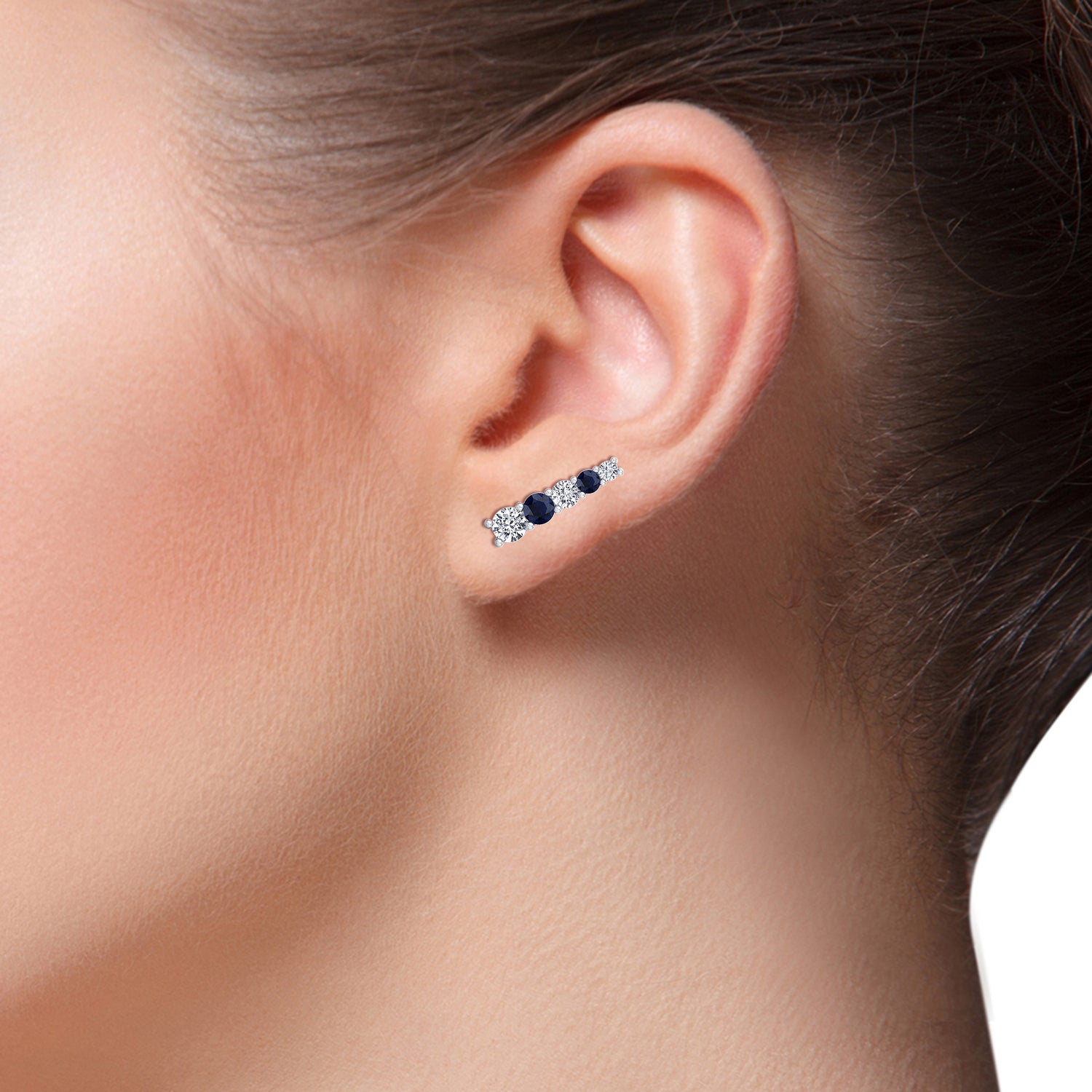 Graduated Natural Diamond and Blue Sapphire Climber Earrings-White Gold