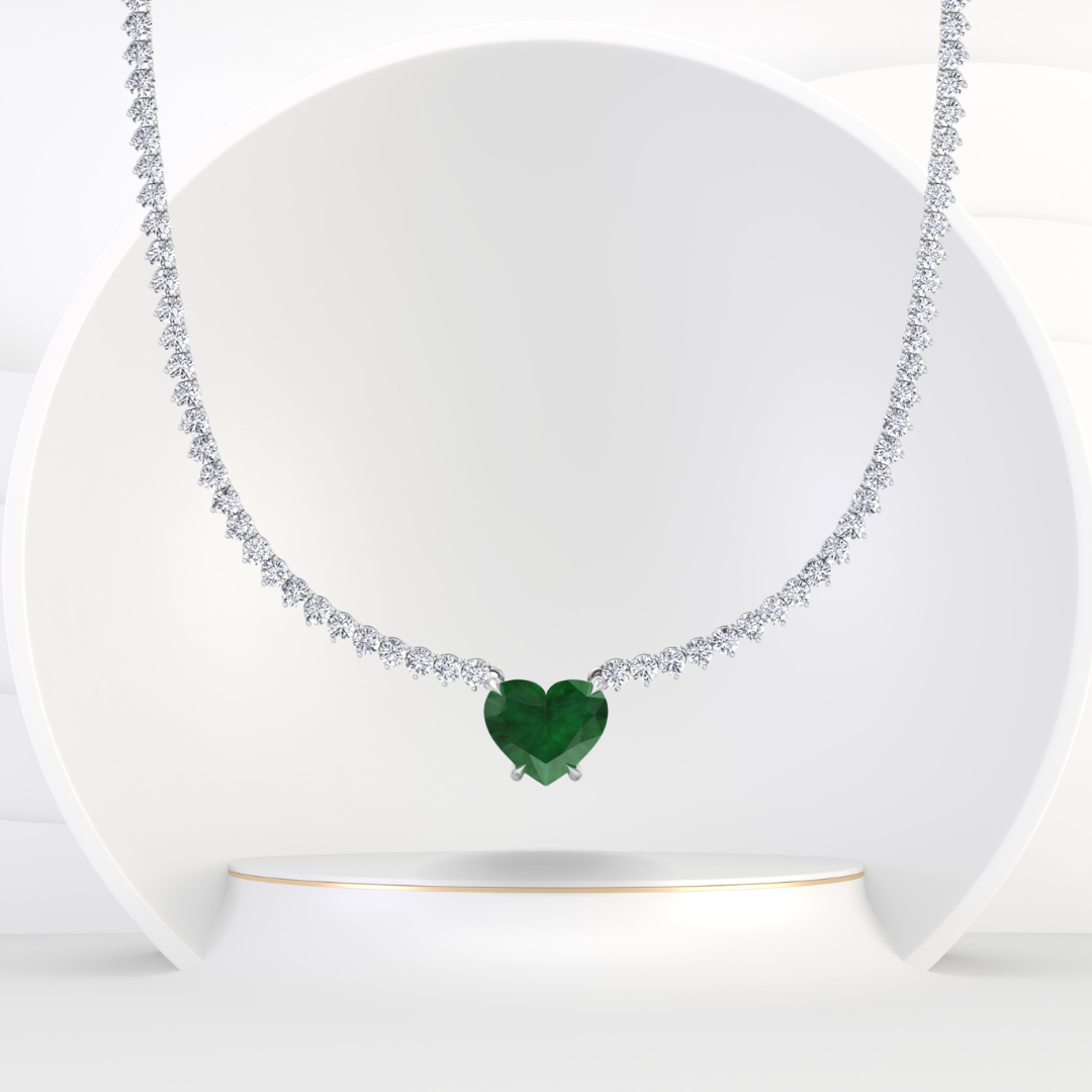 13CT T.W. 4-Prong Tennis Necklace with Green Emerald Heart Shape Pendant