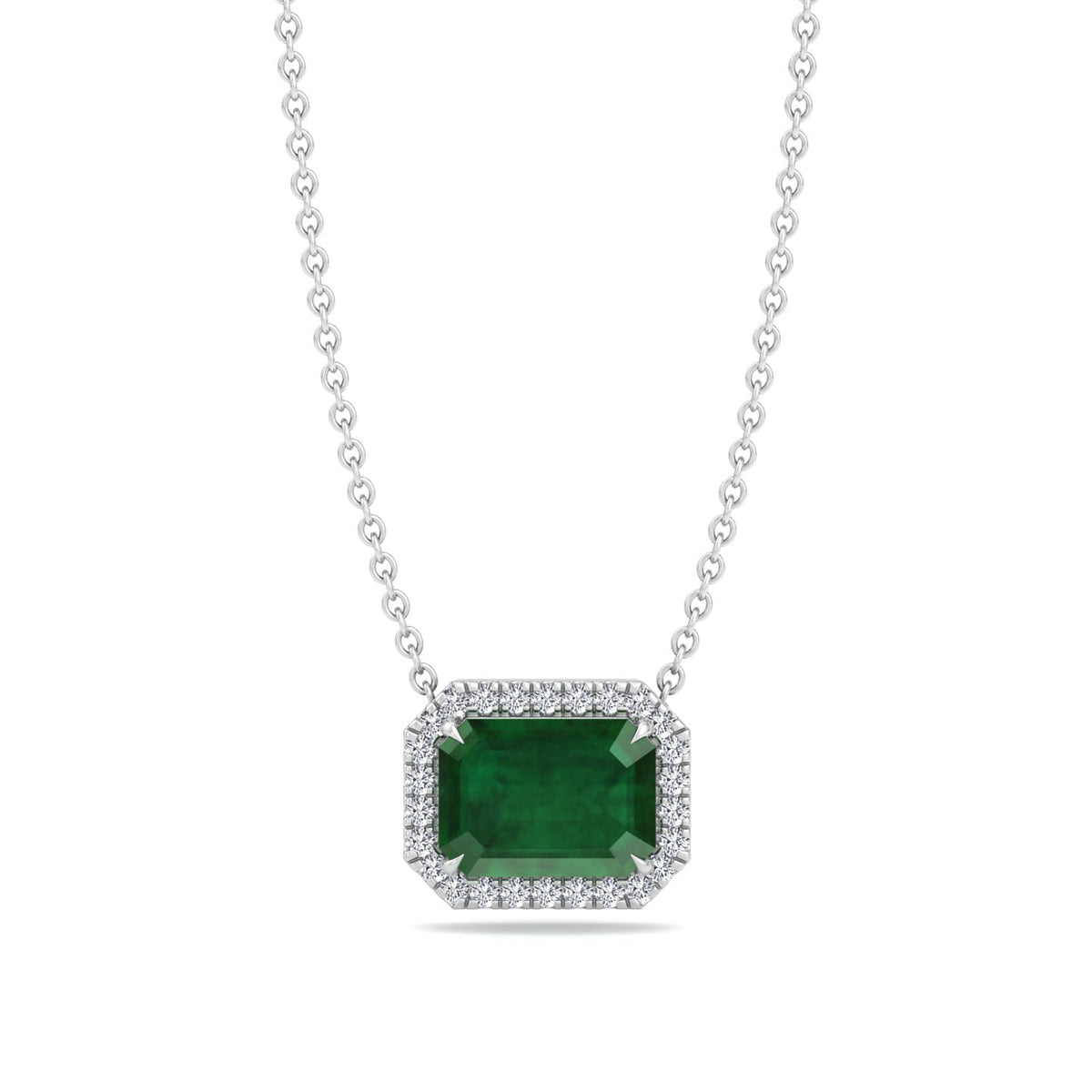 3.10CT Emerald Cut Diamond & Emerald Halo Pendant, White Gold