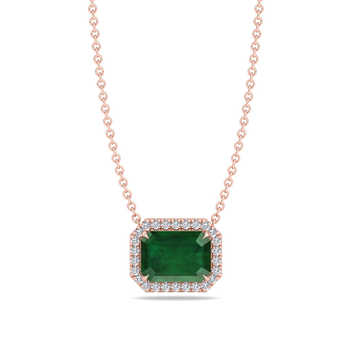 3.10CT Emerald Cut Diamond & Emerald Necklace, Rose Gold