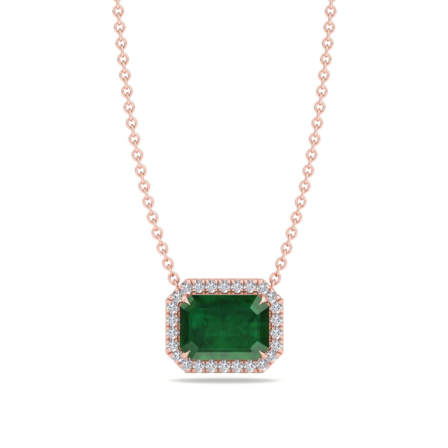 3.10CT Emerald Cut Diamond & Emerald Necklace, Rose Gold