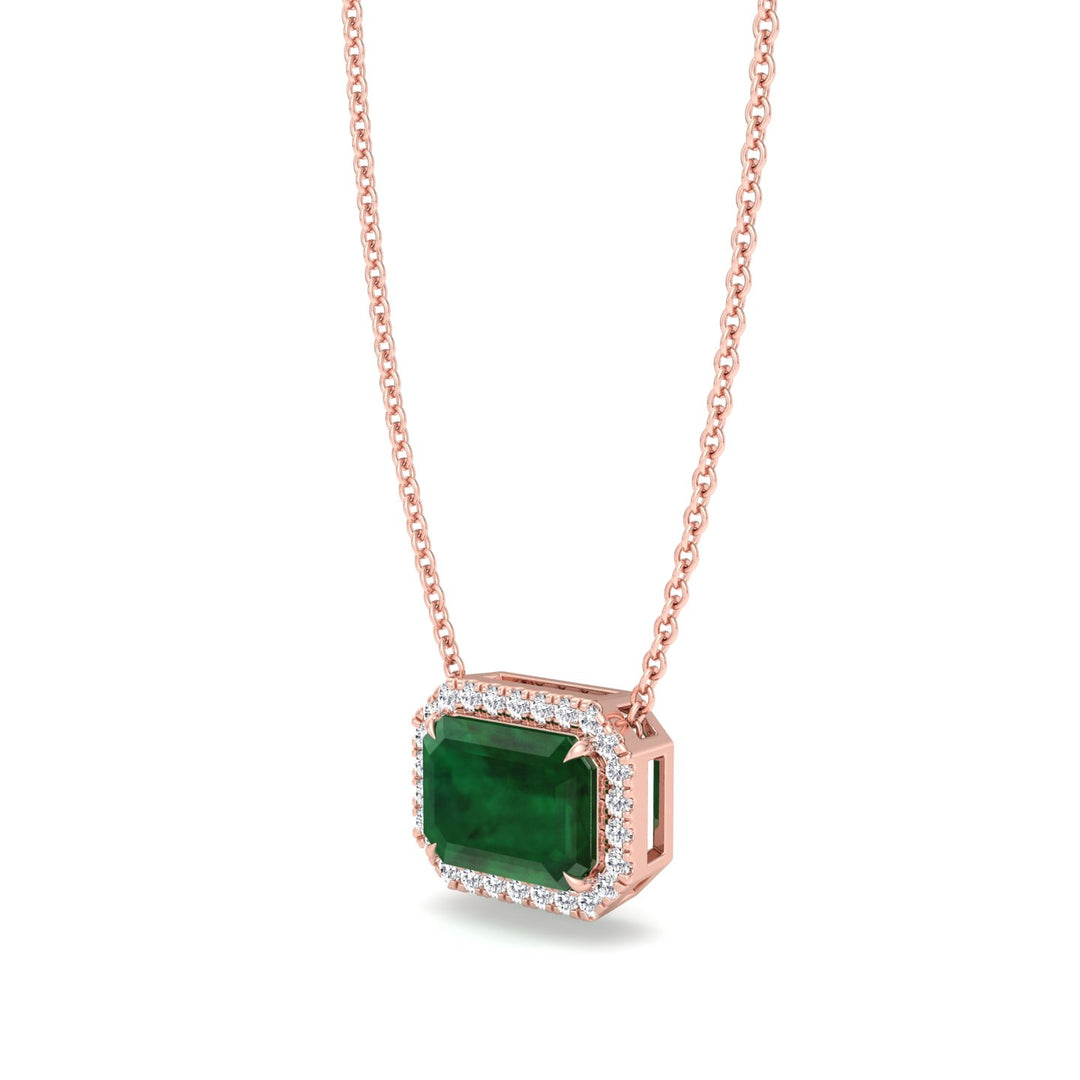 3.10CT Emerald Cut Diamond & Emerald Necklace, Rose Gold, Angled