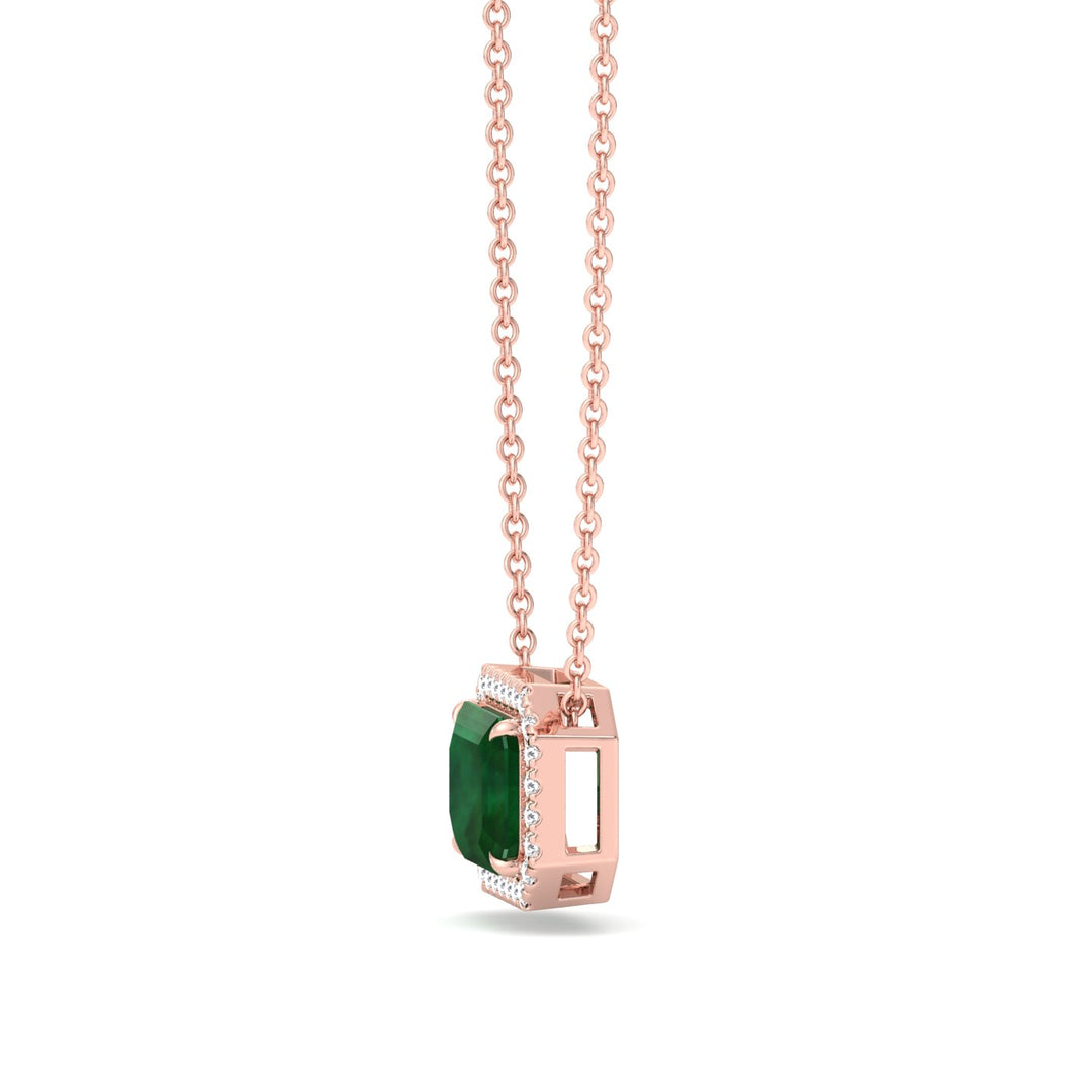 3.10CT Emerald Cut Diamond & Emerald Necklace, Rose Gold, Side Profile