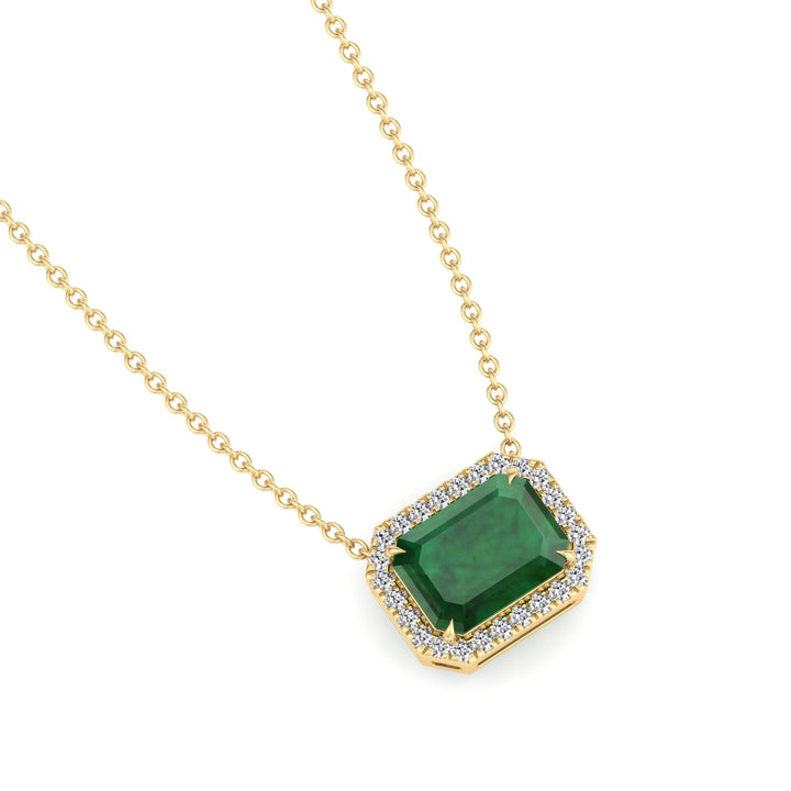3.10CT Emerald Cut Diamond & Emerald Necklace, Yellow Gold, Angled 
