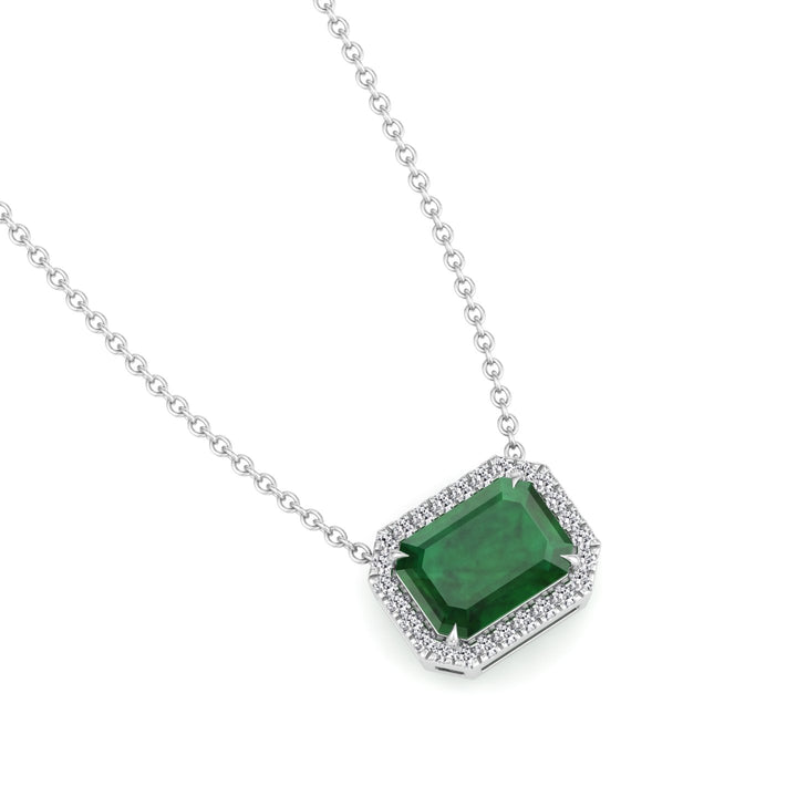 3.10CT Emerald Cut Diamond & Emerald Pendant, White Gold, Angled